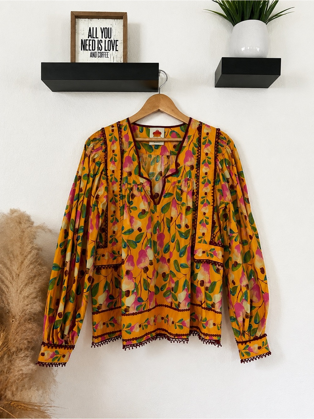 FARM Rio Mini Cashew Blouse Yellow Floral Boho Puff Sleeve Top - Picture 2 of 6